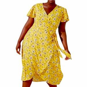 LOFT Plus Floral Wrap Midi Dress Tie Waist Yellow Multi Floral Women’s Size 18